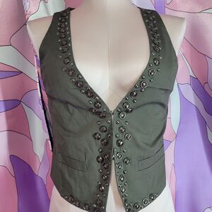 Womens Green Vest Small Tailored Bling Rhinestone Y2K Japan Fashion Festival Top